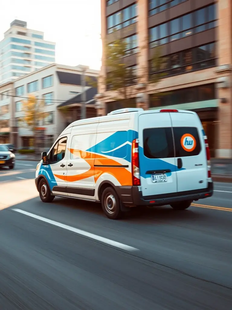 A D5Courier van speeding through the streets of Kamloops, BC, with a blurred background to convey the urgency of rush orders.