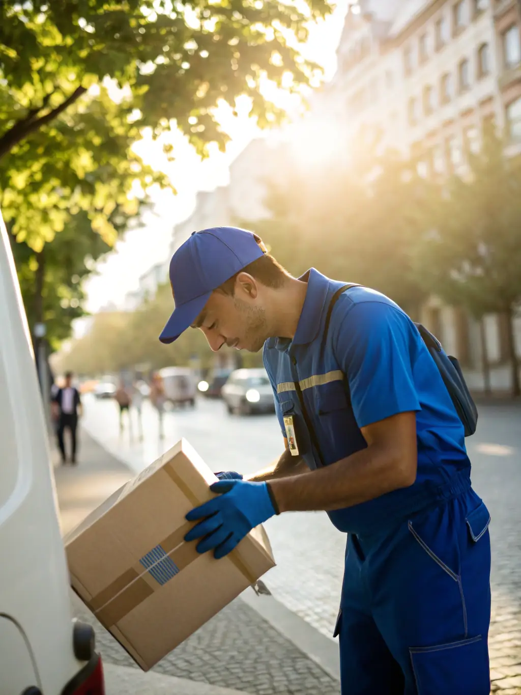 A professional courier carefully handling a package with a 'Same-Day Delivery' sticker, set against the backdrop of Kamloops, BC, emphasizing speed and reliability.