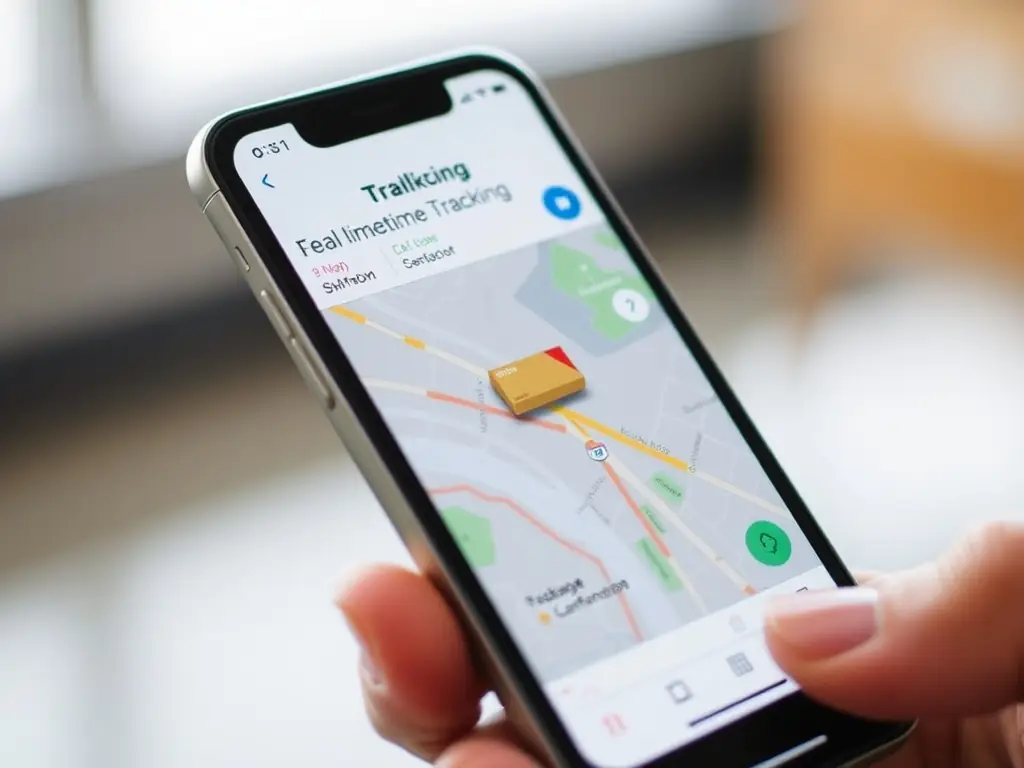 A photograph of a mobile app interface showing live tracking of a D5Courier delivery, highlighting the real-time visibility and control offered through API integration.