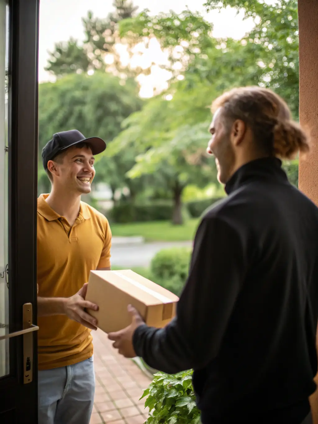 A D5Courier driver handing a package to a customer with a smile, set in a residential area of Kamloops, BC, highlighting customer satisfaction.